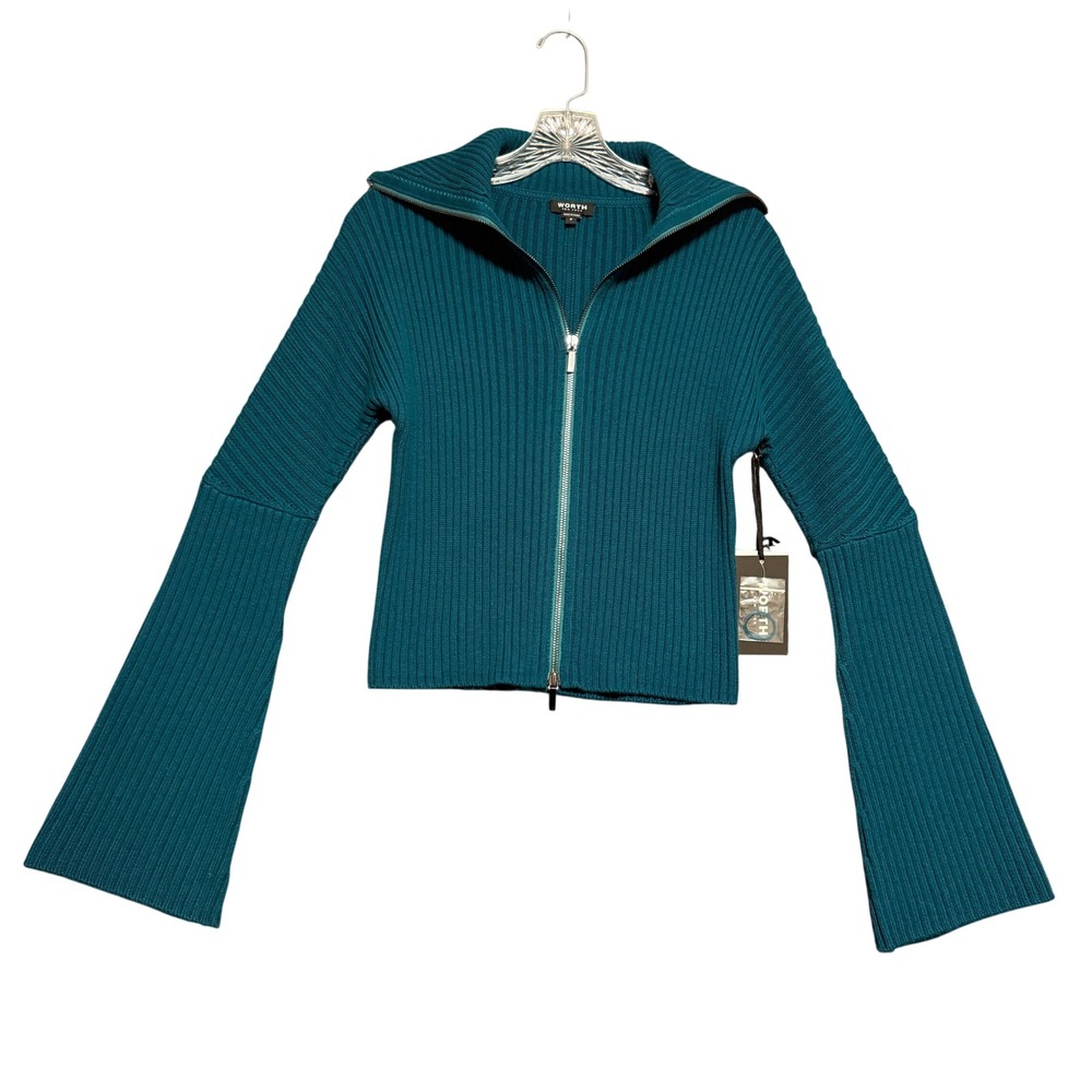 Worth New York Wool Cardigan Womens SP Green Ribbed Knit Flare Sleeve Old Money